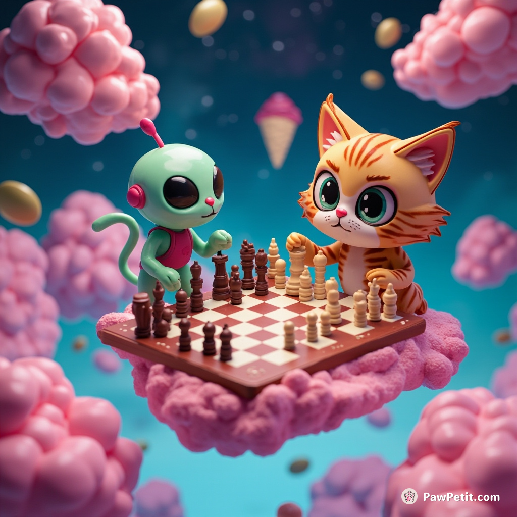 A cat playing chess with aliens while floating in zero gravity ice cream cosmos.
