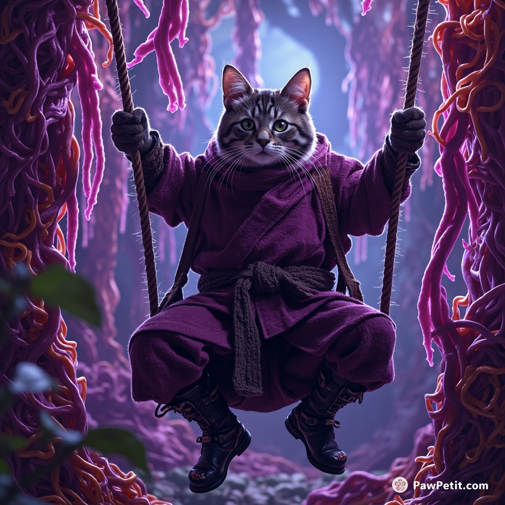 A cat swinging from purple spaghetti vines in a lasagna jungle, wearing a monk's robes and warrior boots.