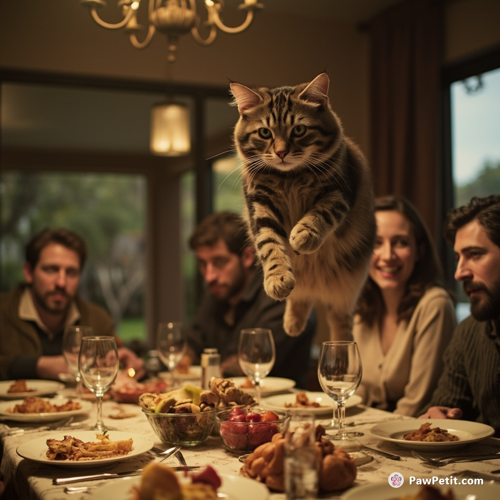 In a grand feline faux pas, the cat leaped atop the dinner table mistaking human mealtime for communal hunting.