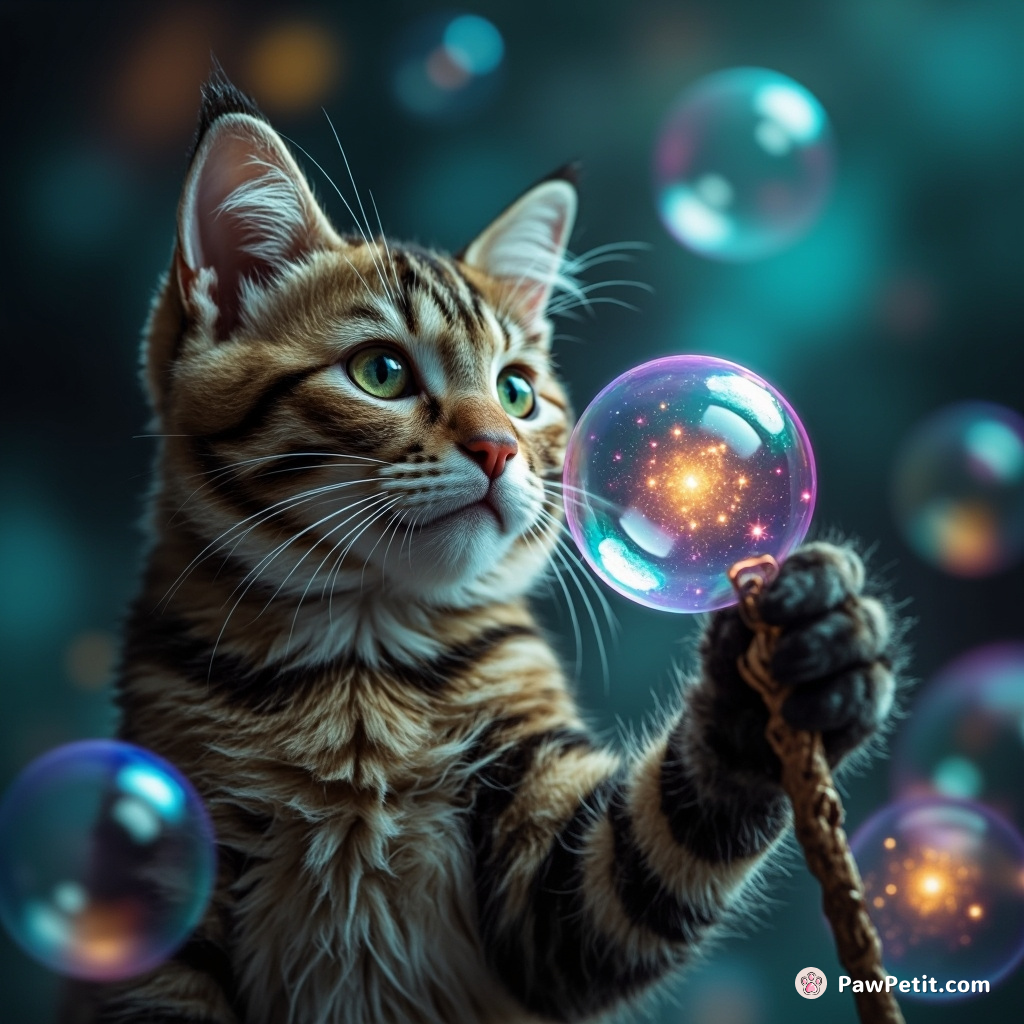 A cat creating miniature galaxies within soap bubbles using a tiny whimsical wizard staff.