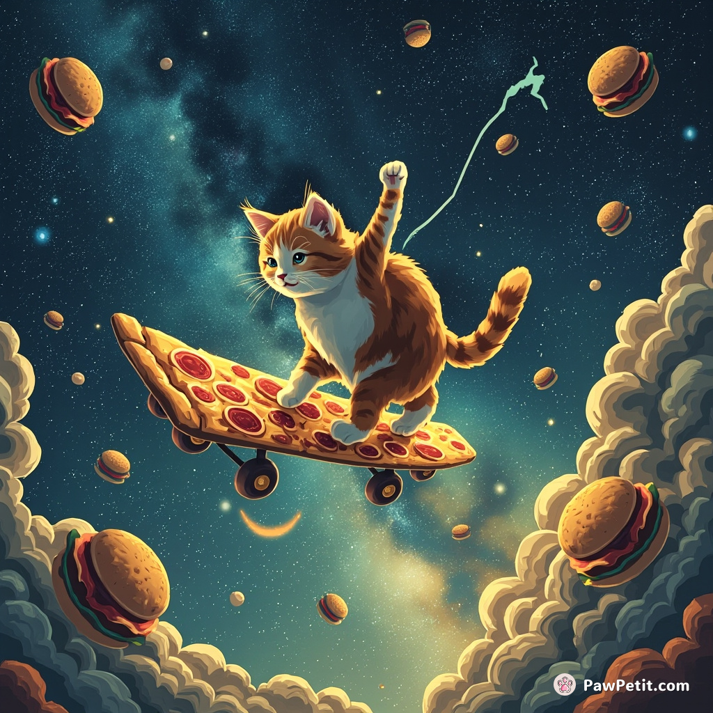 Cat surfing on a pizza slice amidst the Milky Way, dodging intergalactic burgers.