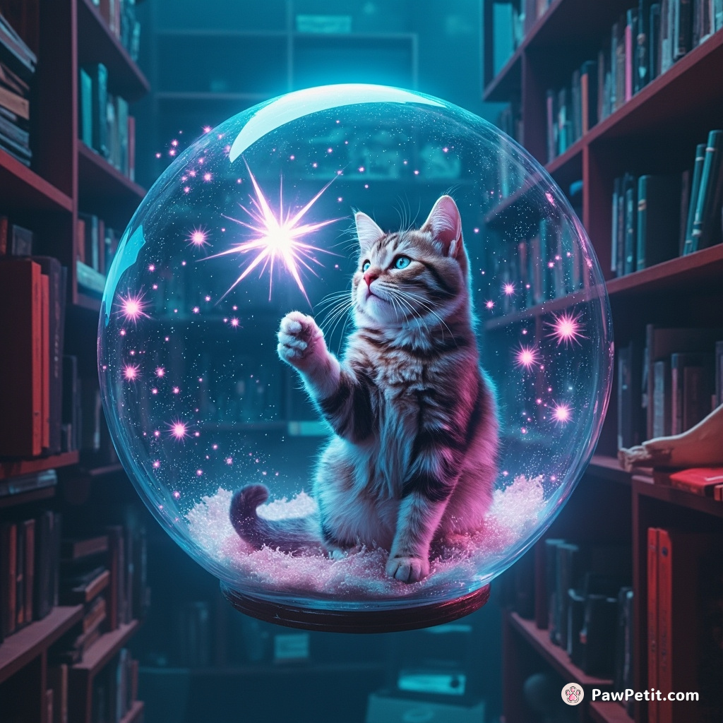 A magical cat casting starlight spells inside a floating bubble in an undersea library.