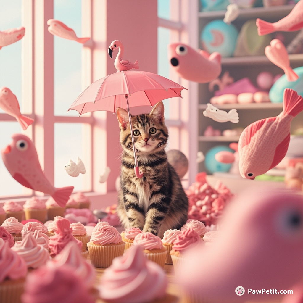 A tabby cat balancing a flamingo-shaped umbrella on its nose, amidst flying fish and levitating cupcakes in a zero-gravity candy store.
