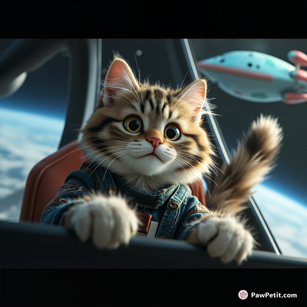 Fluffy the cat attempts to pilot a spaceship, convinced its whiskers are superior to human technology for navigation.