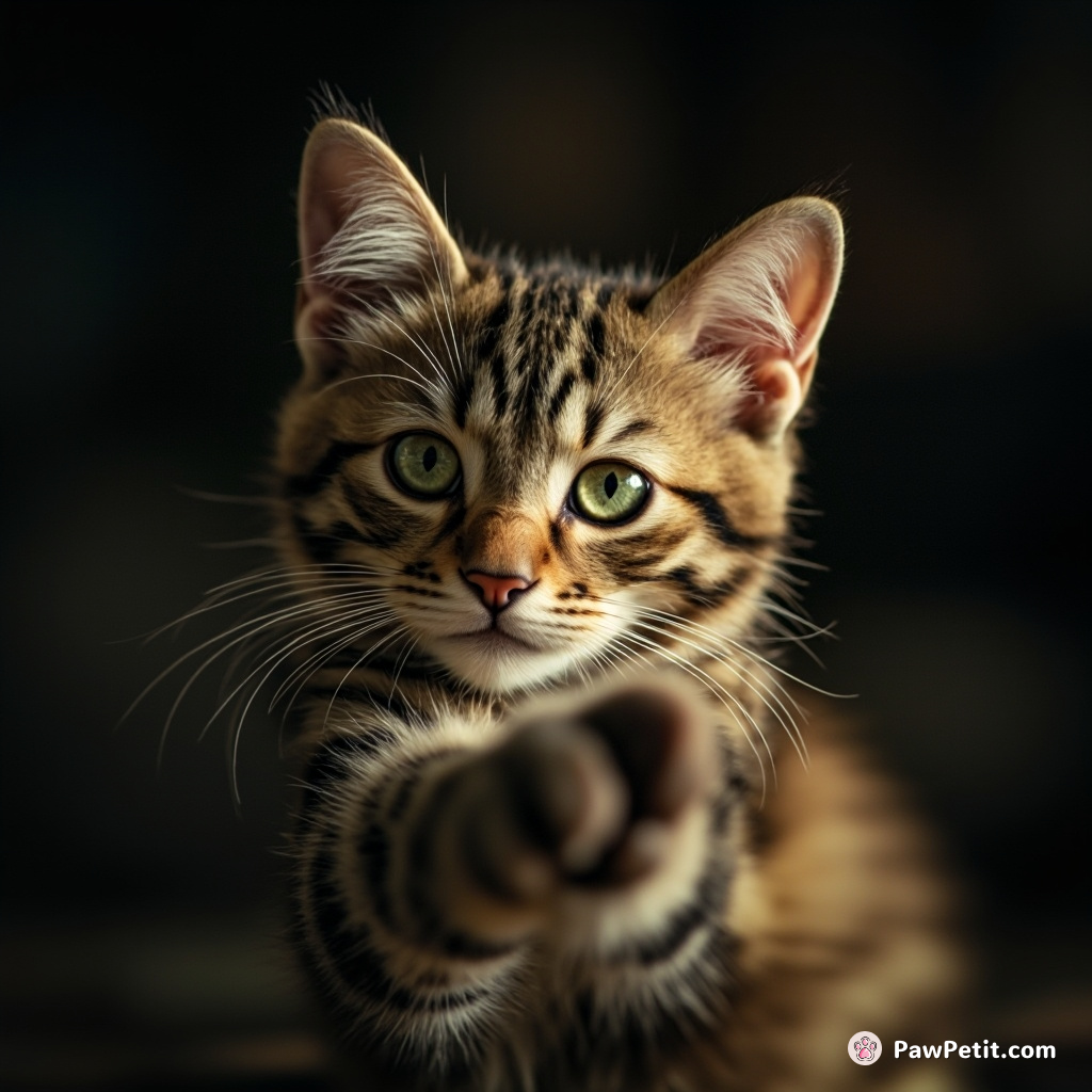 The cat extends a paw, mimicking a firm handshake with utmost professionalism and a straight feline face.
