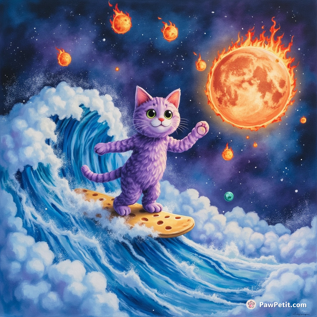 A purple cat juggling flaming asteroids while surfing on a blue cheese moon wave in an endless galaxy of cotton candy.