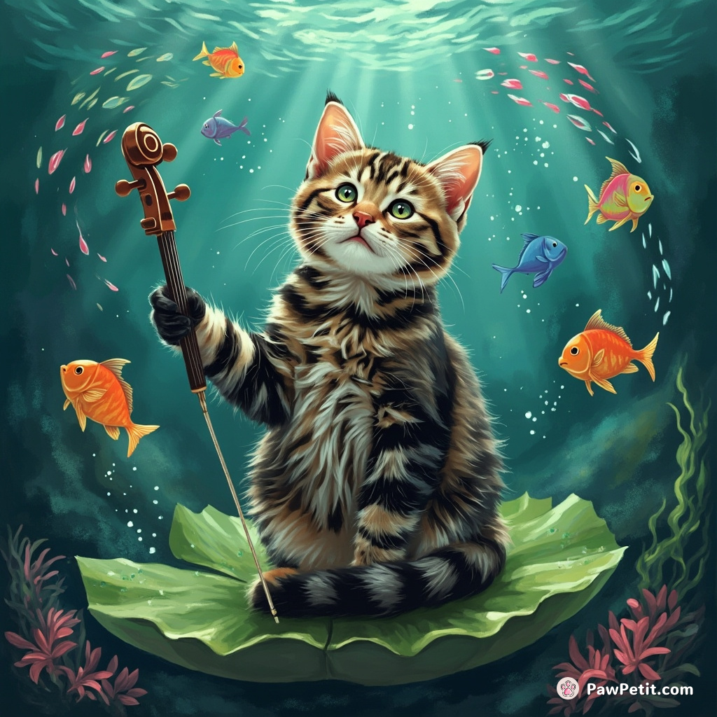 A tabby housecat impressively orchestrating an underwater orchestra of rainbow fish while perched on a floating lily pad.