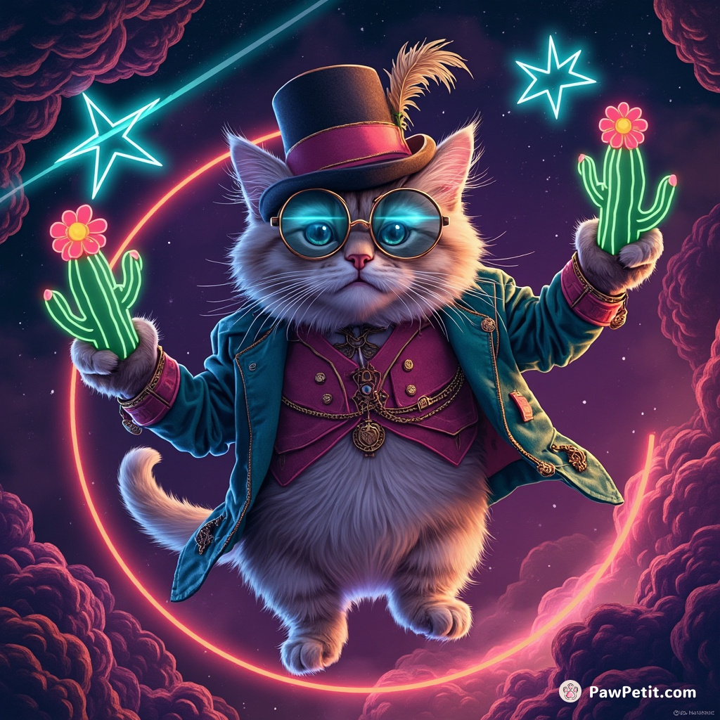 A double-headed cat juggling neon cactuses in zero gravity, adorned with a monocle and feathery hat.