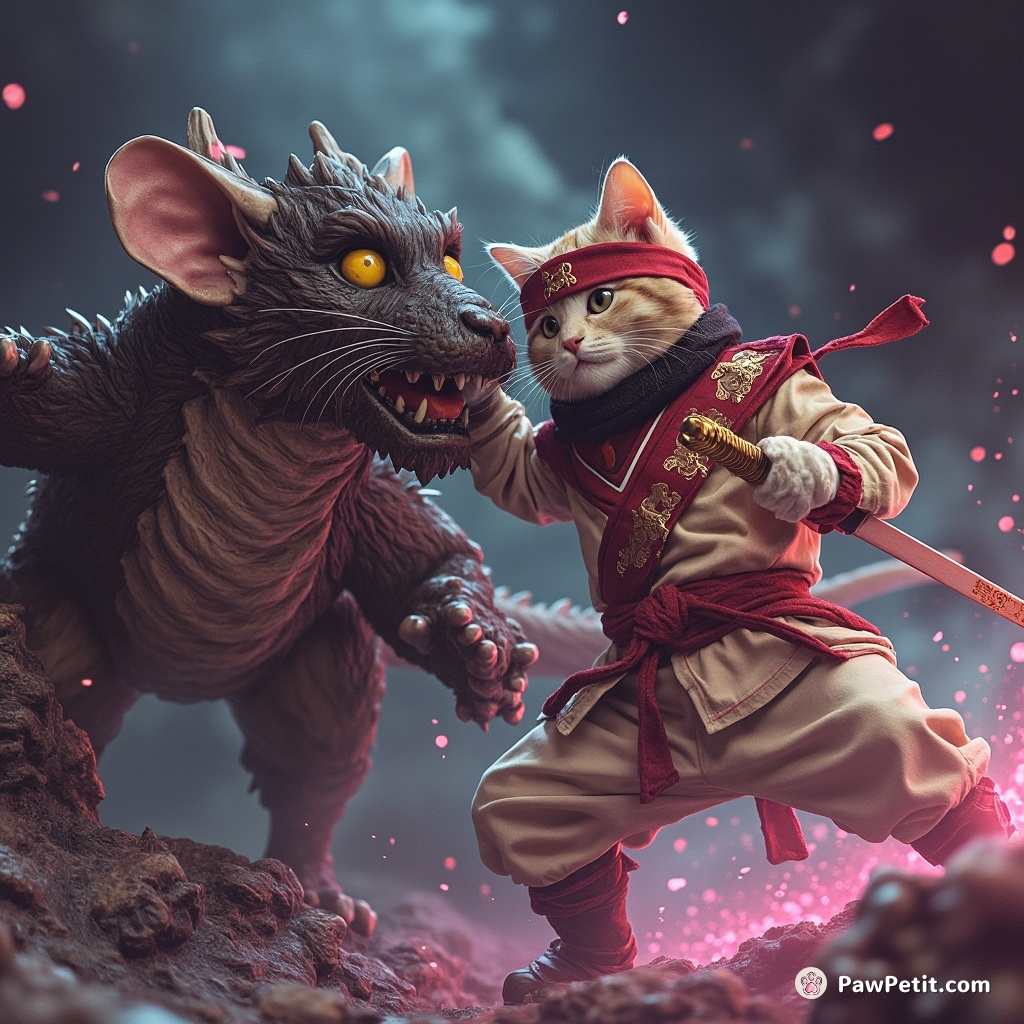 In the realm of Catlandia, brave Ninja Kitty astonishingly slayed the ferocious Mouse Dragon with a dignified paw-swipe.