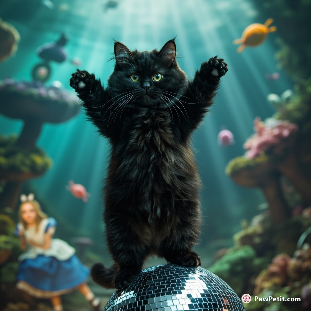 A black cat breakdancing on a disco ball in an underwater Alice in Wonderland scenery.