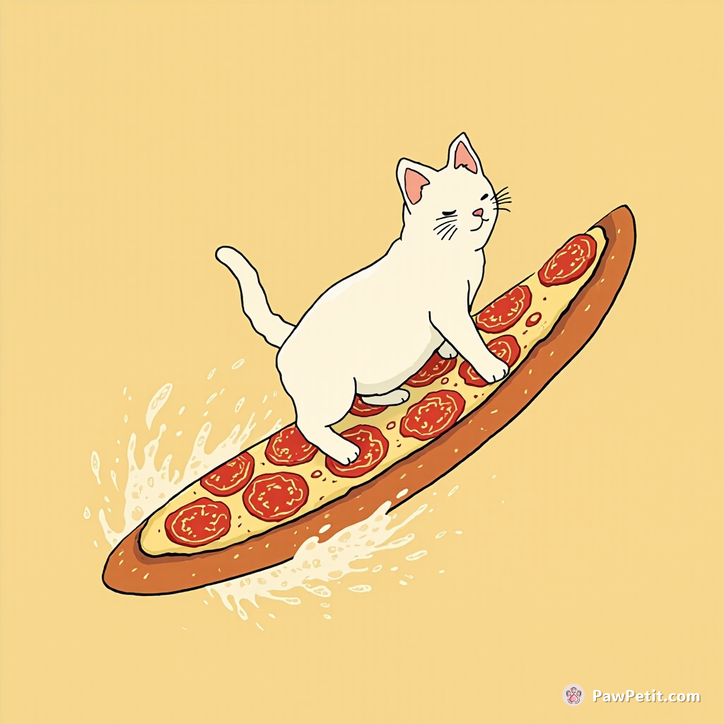 Cat surfing on a giant slice of pepperoni pizza across a parmesan cheese ocean.
