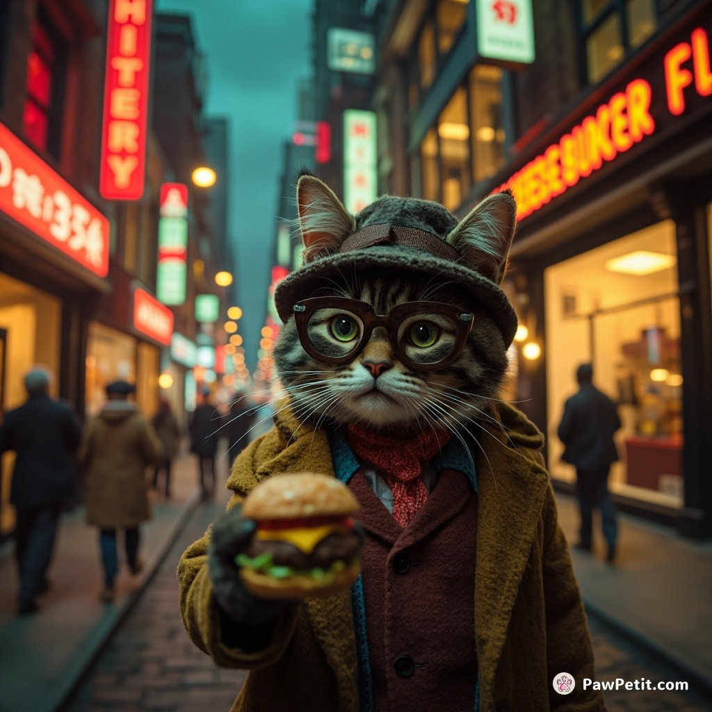 A Victorian-era detective cat, wearing a Sherlock Holmes hat and waistcoat, solving crimes using cheeseburger clues in a film-noir city made entirely of yarn.