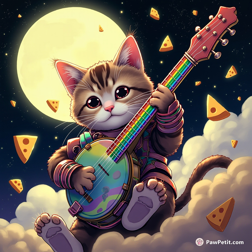 A cybernetic cat strumming a rainbow banjo on the moon, surrounded by dancing cheese slices.
