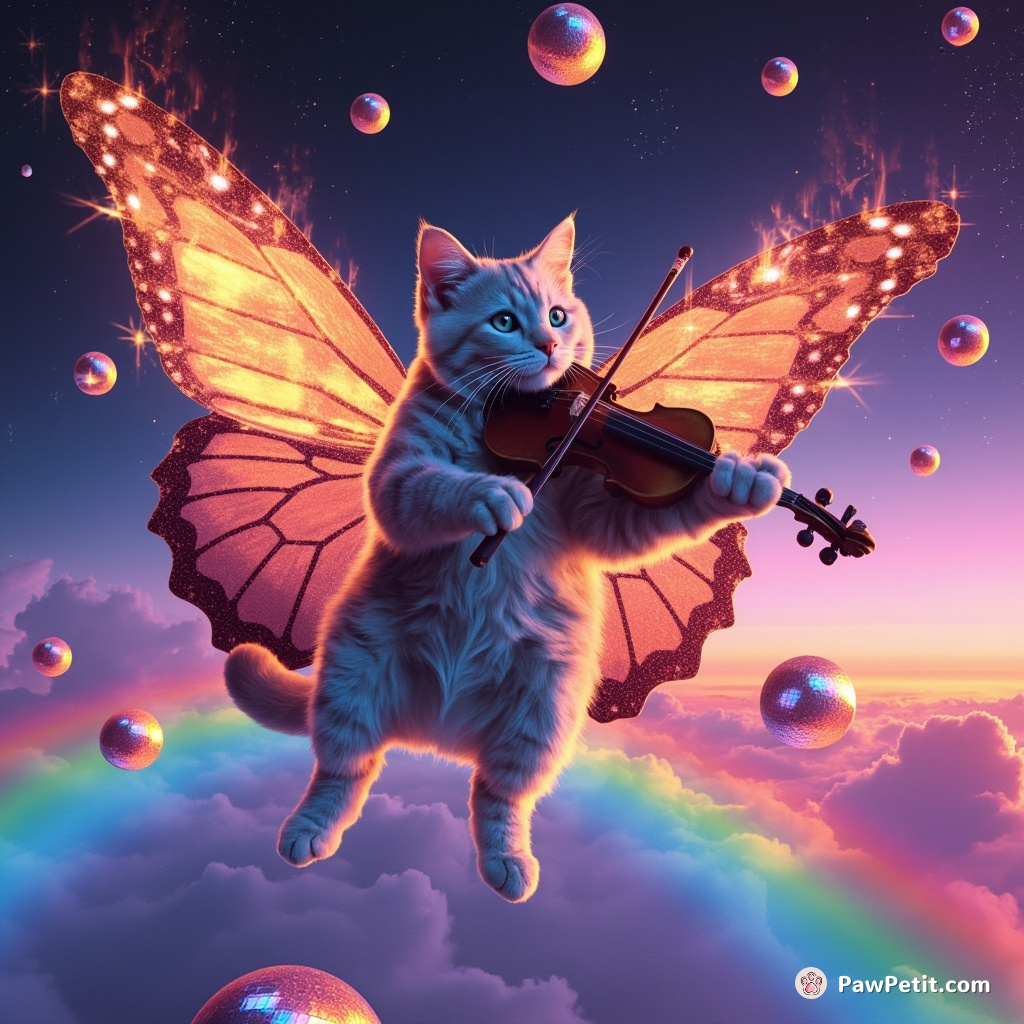 A Cerulean cat playing a flaming violin while riding on the back of a gigantic butterfly, amidst floating disco balls above an ocean made up of rainbows.