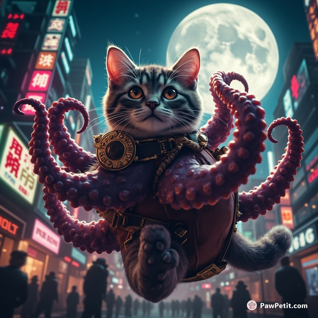 Steampunk octopus cat stealing the moon in neon tokyo.