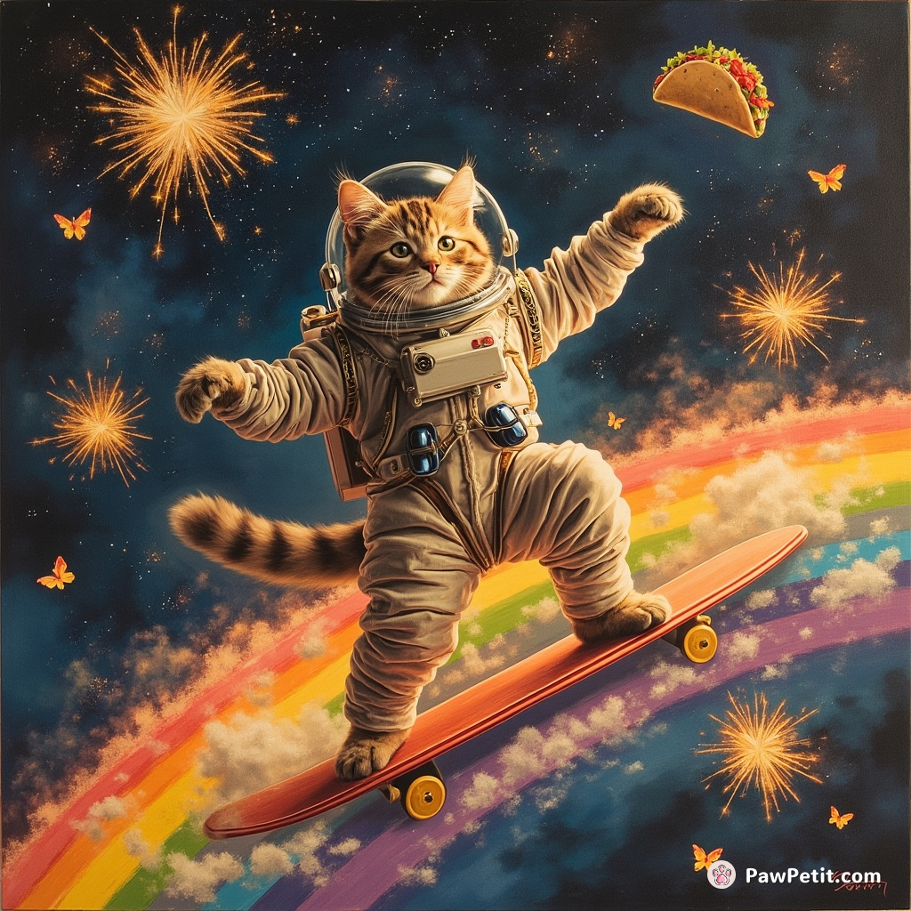 Cat surfing on a rainbow in a shimmering spacesuit, surrounded by floating tacos and butterflies made of fireworks.
