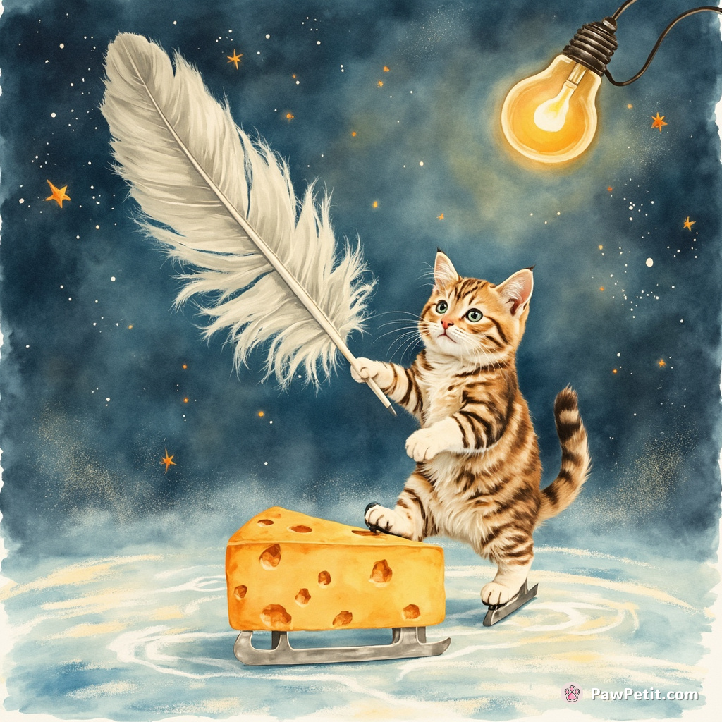 A cat humorously ice-skating on a cosmic cheese rink, balancing comically large feather against a retro marquee lightbulb backdrop.