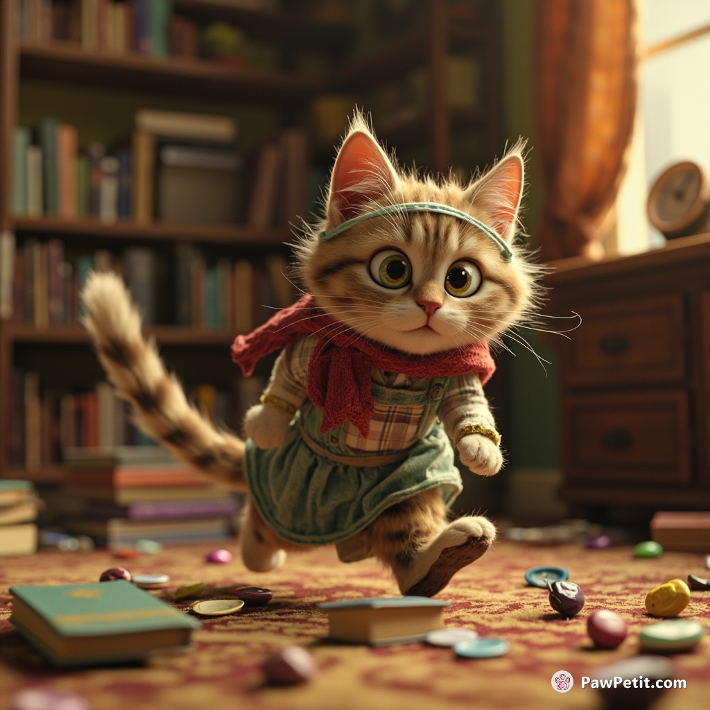Masquerading as Grandma, cat knocks over bookshelf with fierce tail-whip chasing its own buttons-made-seamstress-kit.