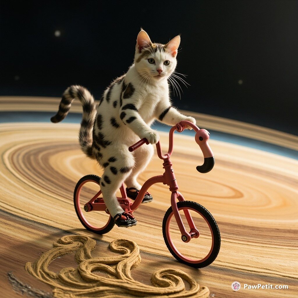 A Dalmatian-patterned cat riding a flamingo-shaped bicycle on the rings of Saturn, making intricate sandsculptures with its tail.