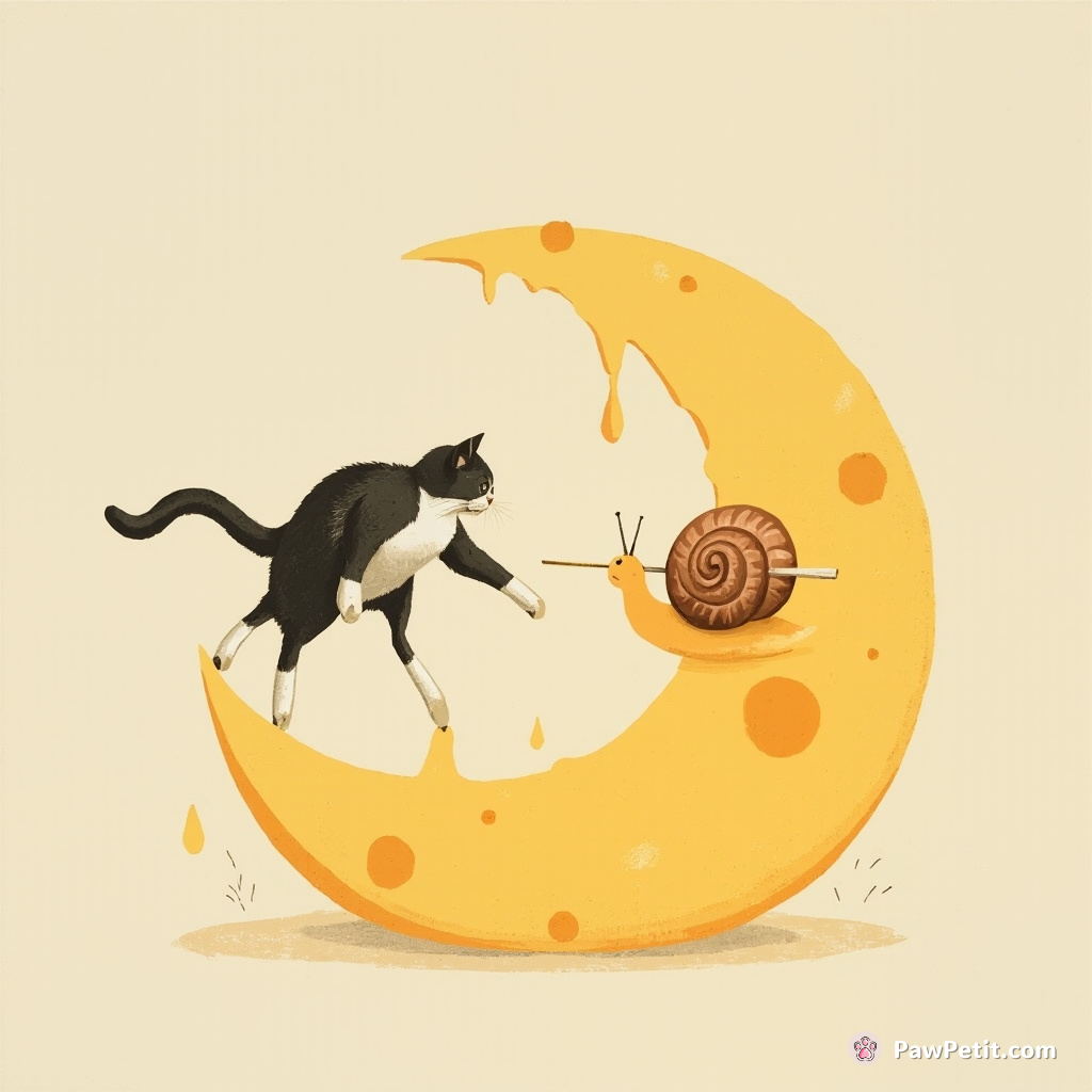 A three-legged cat dueling a snail with toothpicks on a melting cheese moon.