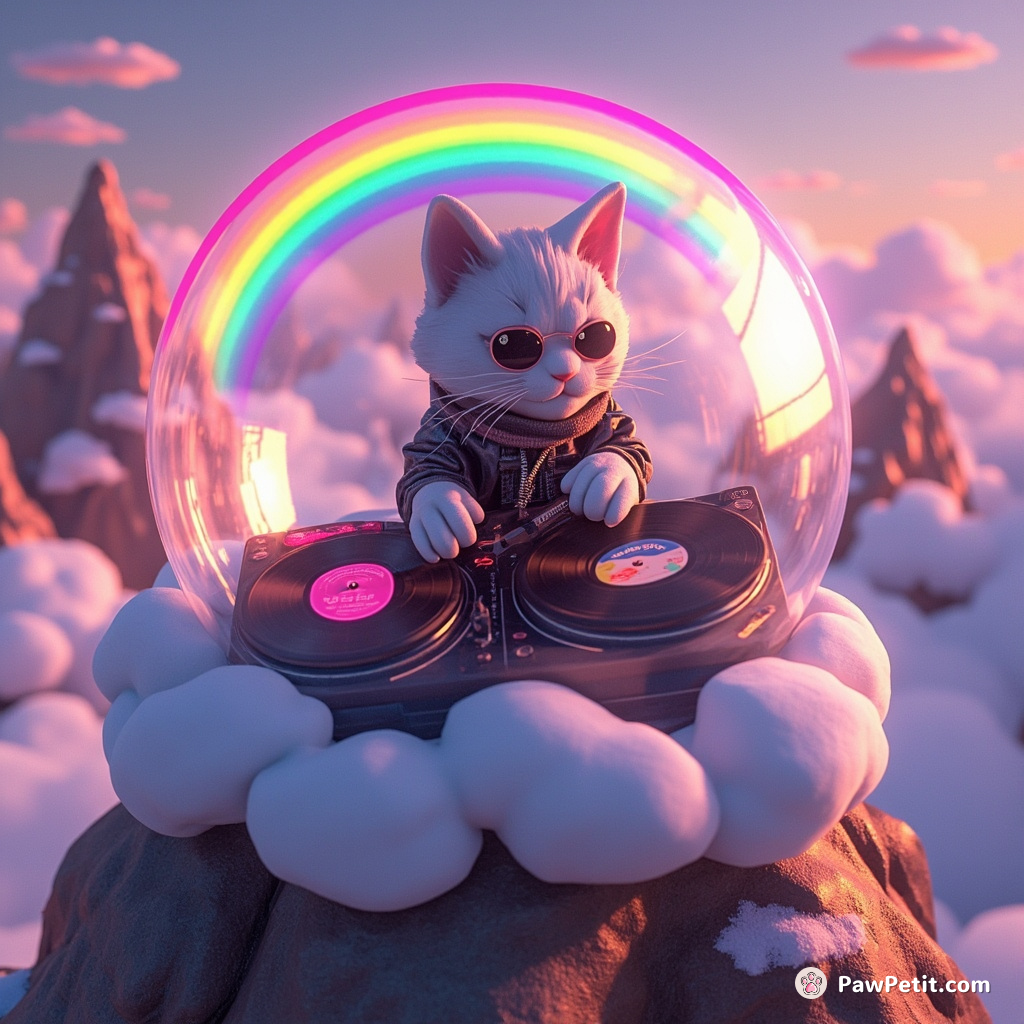 Cyberpunk cat DJ spinning vinyl records inside a floating bubble atop Rainbow Mountain.