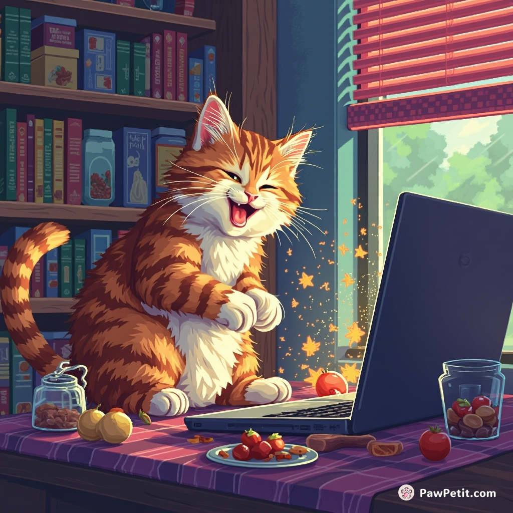 The cat hilariously swats at a laptop, convinced it's a magic portal to human food storage.