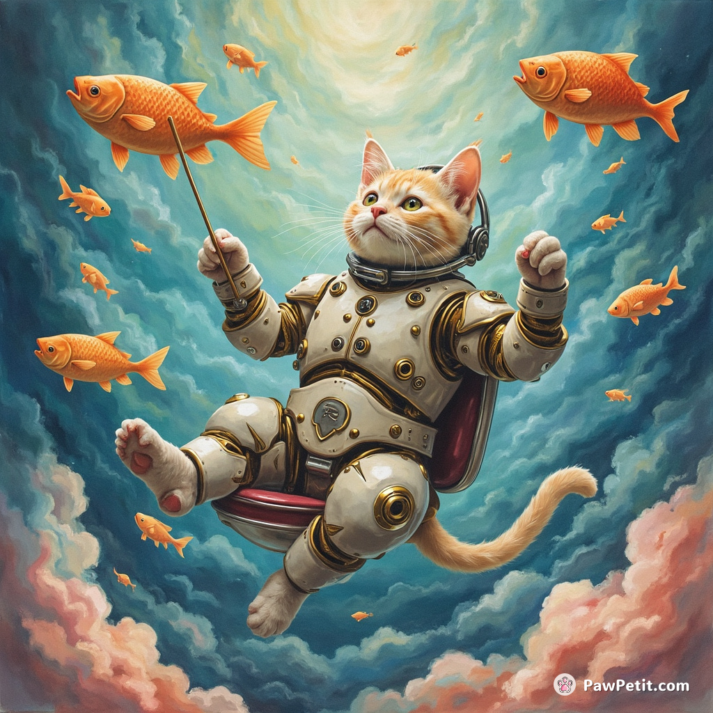 Cyborg cat conducting a symphony of singing fish in zero gravity.