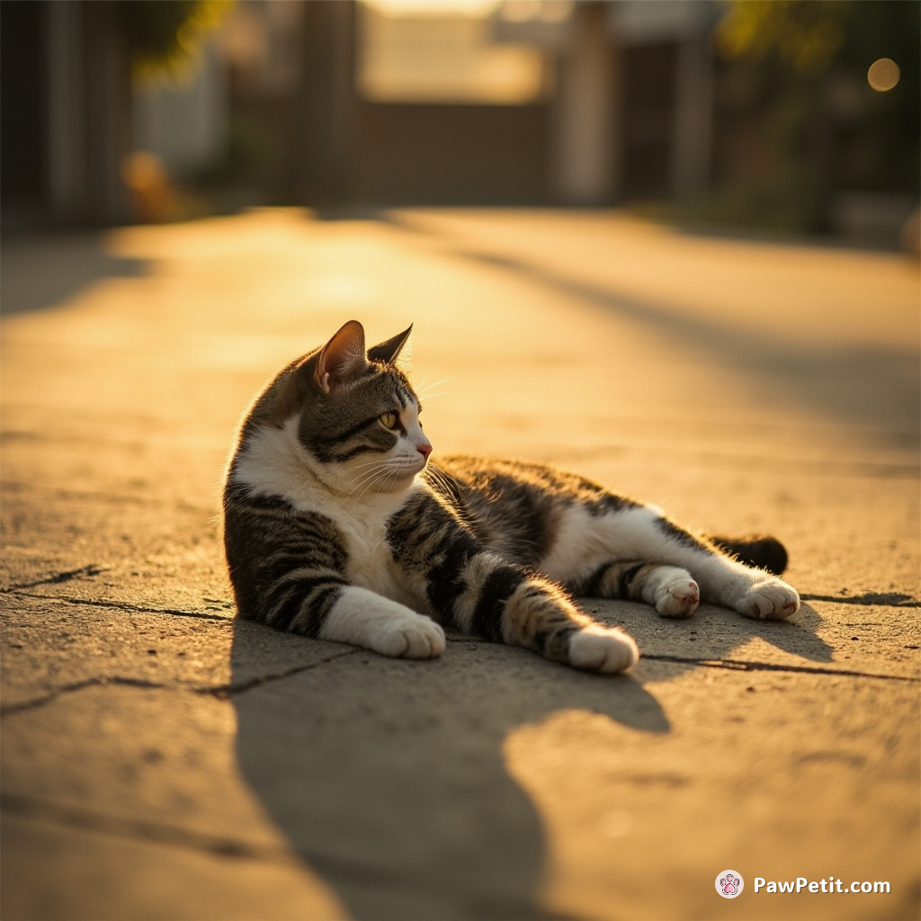 The cat stretches luxuriously on the warm pavement, basking in the sun like a sunbather on a beach.