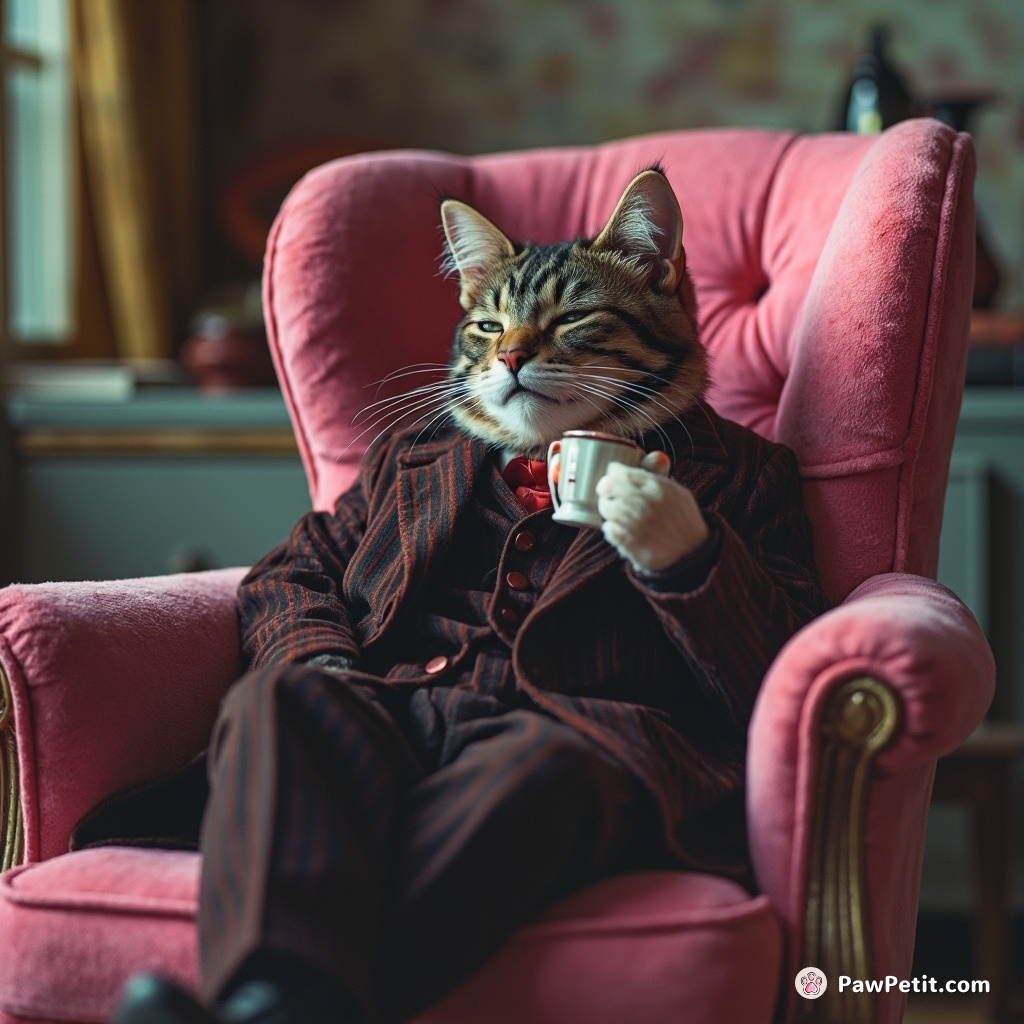 The feline dons a tiny suit, sips imaginary tea, and practices a dignified nap on a plush armchair.