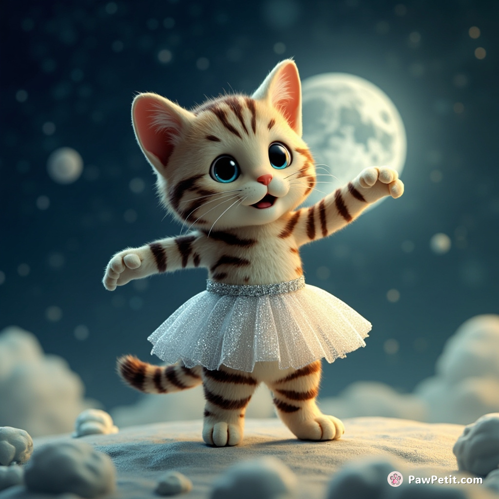 A tabby cat elegantly dancing flamenco on the moon surface while wearing a sparkling silver tutu.
