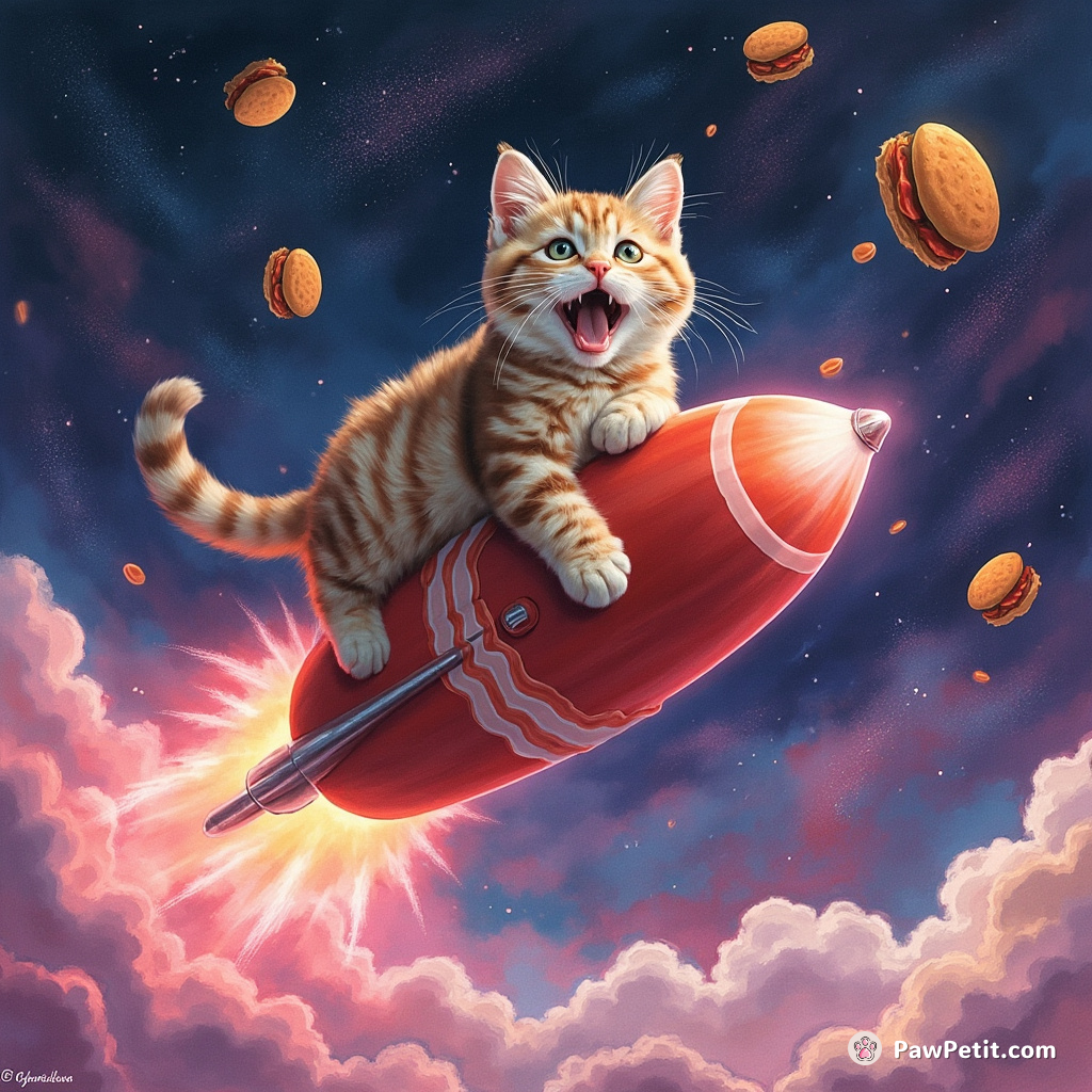 Cat flying on a bacon rocket in a neon candy galaxy, tossing cheeseburger meteors with paws.
