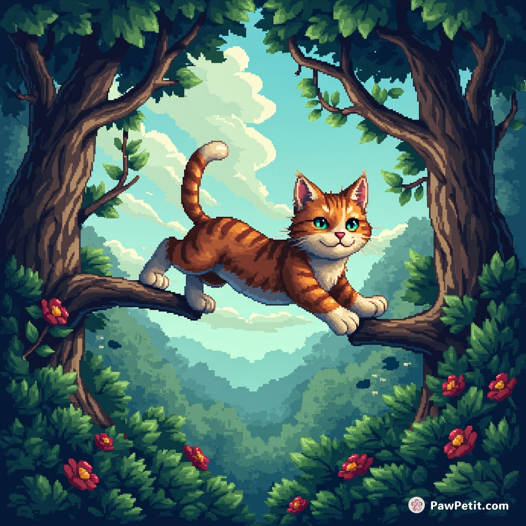 The fearless cat leaps across towering trees, using magical powers to whisk through treacherous terrains.