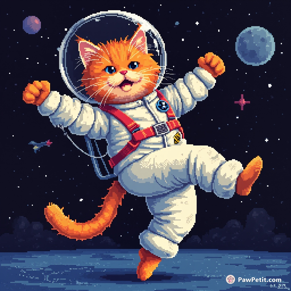 A robust orange cat doing ballet in zero gravity while wearing a sparkly space suit.