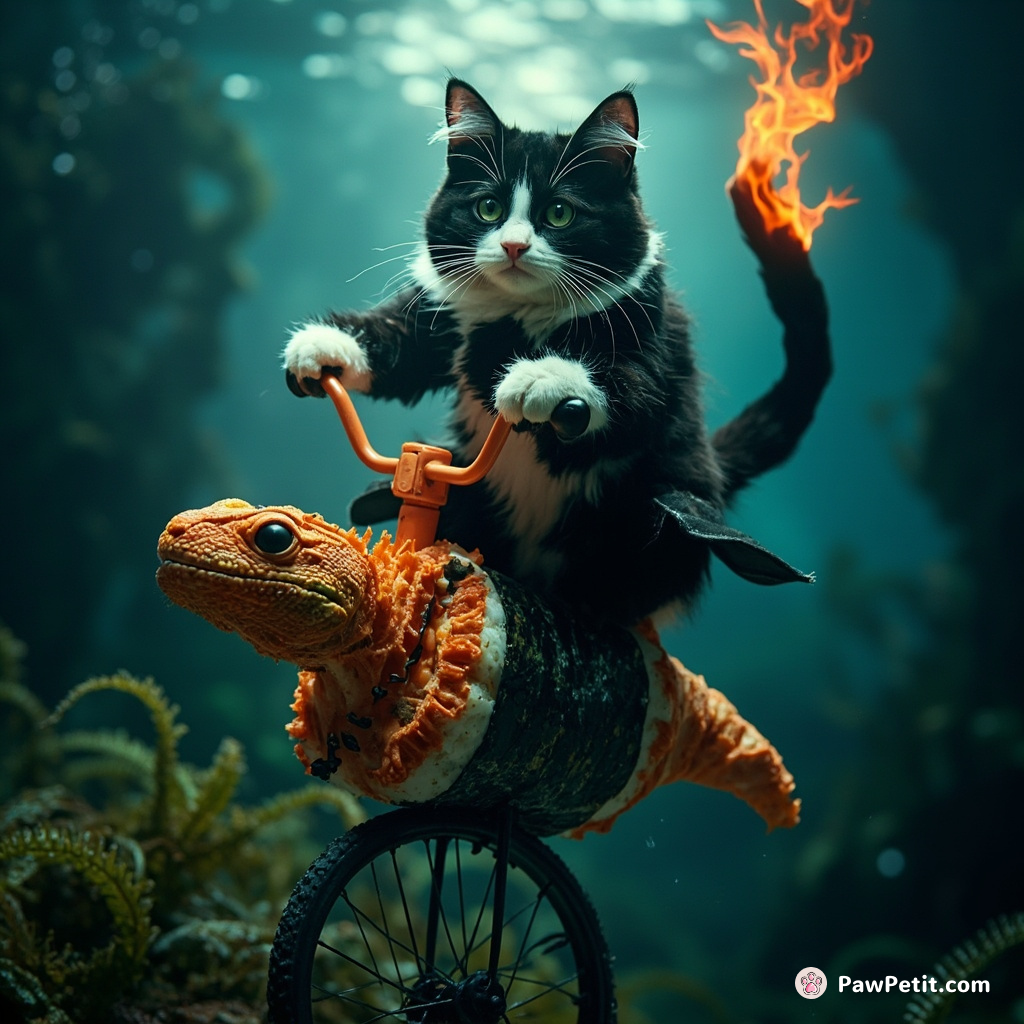 A tuxedo cat riding a flaming unicycle atop an iguana in sushi roll form, deep underwater in luminescent kelp forests.