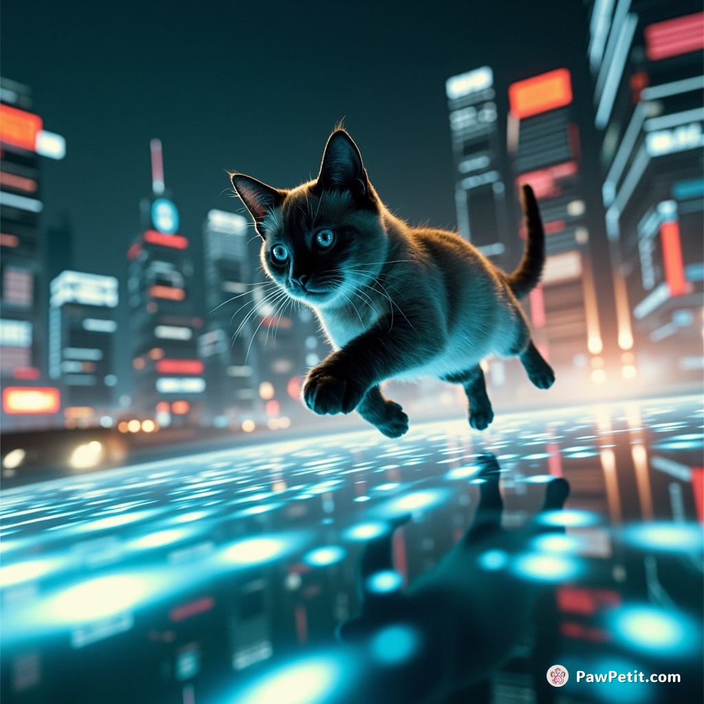 Leapfrogging over holograms, a sleek cybernetic cat dodges the luminous drone traffic of Metropolis-X's night skyline.