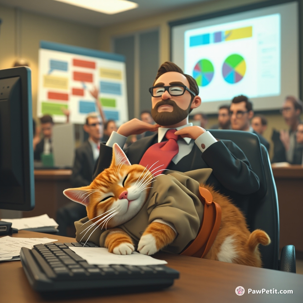 Cat parades human clothes causing havoc at the office, irks wildly by catnapping on boss's keyboard mid-presentation.
