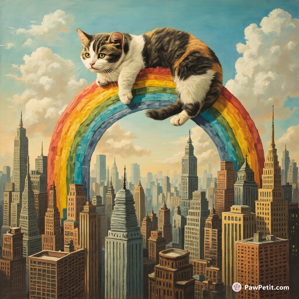 Cat arching its back to create a rainbow over a city of mouse skyscrapers.