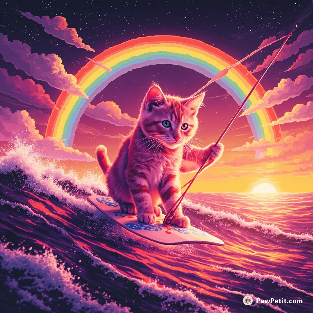 A pink fluorescent cat windsurfing on a sea of orange juice under a licorice rainbow.