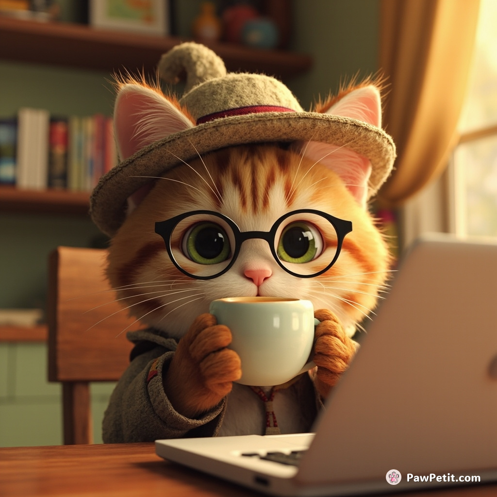Cat dons tiny hat, sips tea, and diligently practices typing on a laptop keyboard.