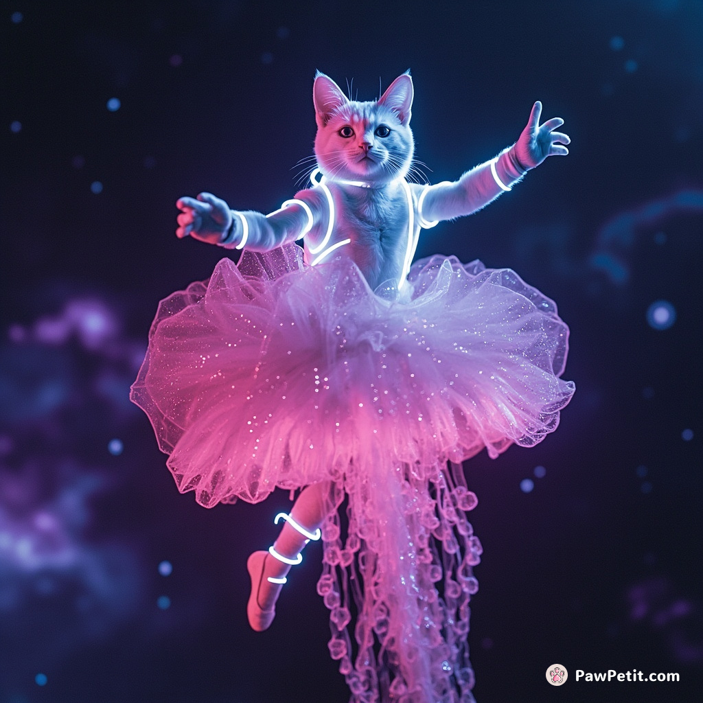 A bright neon cat doing a ballet dance on top of a giant floating jellyfish in sparkling interstellar space.