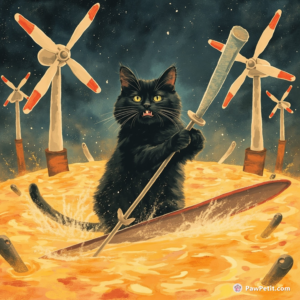 A black cat paddleboarding-teeth-grittingly across a cosmic pool of molten gold, swords duel with anthropomorphic windmills zealously cheering on.