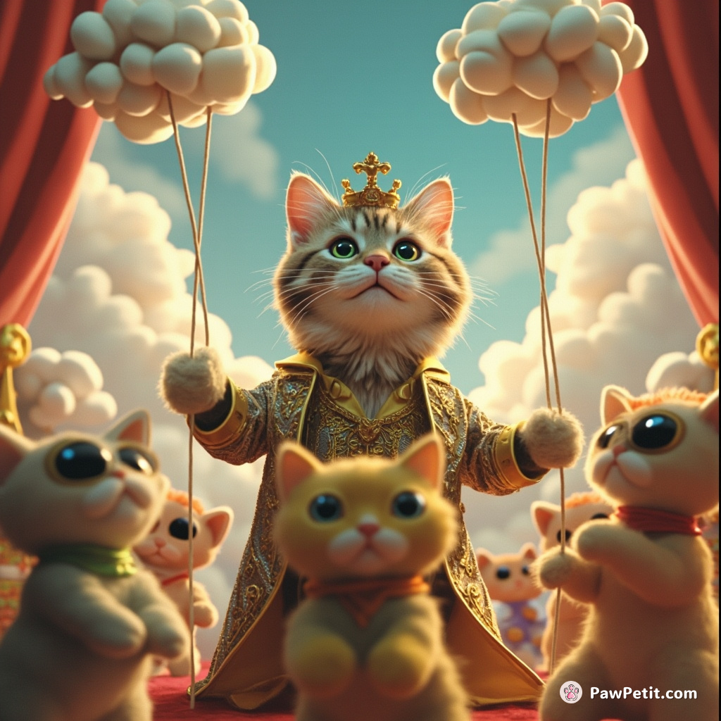 A royal cat staging a puppet show for eccentric alien kittens with marsmallow clouds as the backdrop.