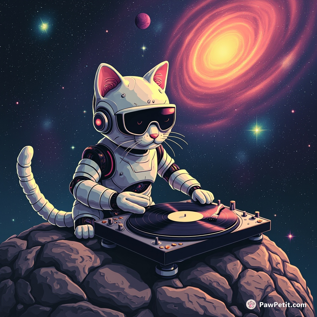 Cybernetic cat DJ spinning intergalactic vinyl records on a meteor in the middle of multicolored supernova.