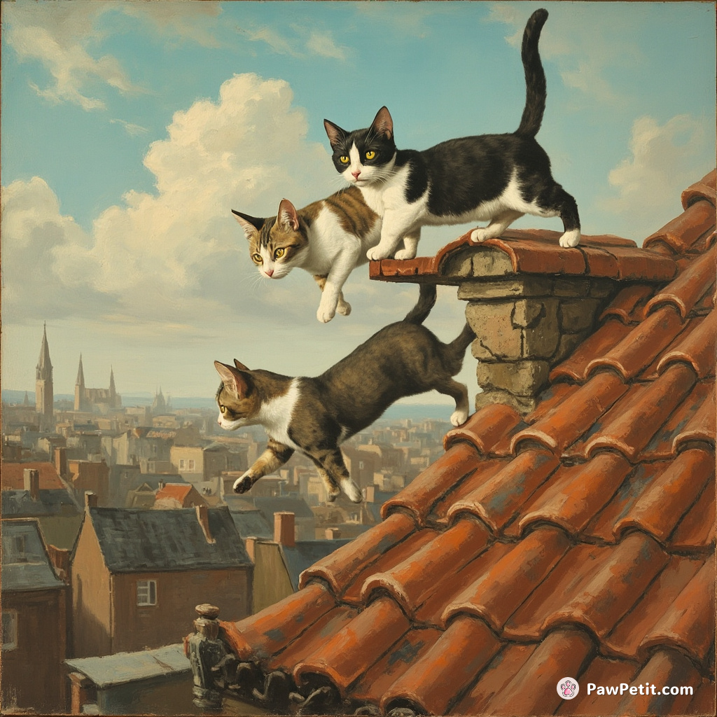 Cats discreetly leap from rooftop to rooftop, secretly surveying human activities below.