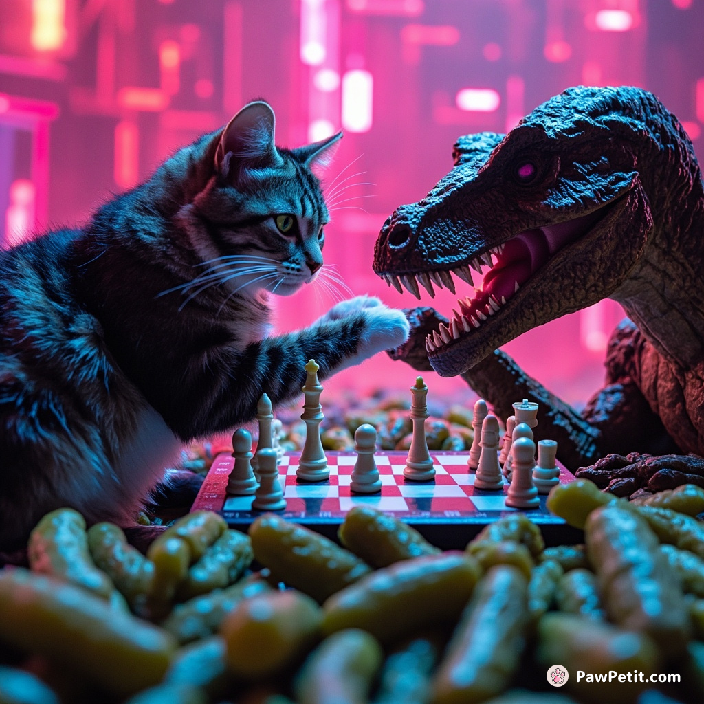 Cat playing chess with velociraptors in an arm wrestling match on a tidal wave of pickles.
