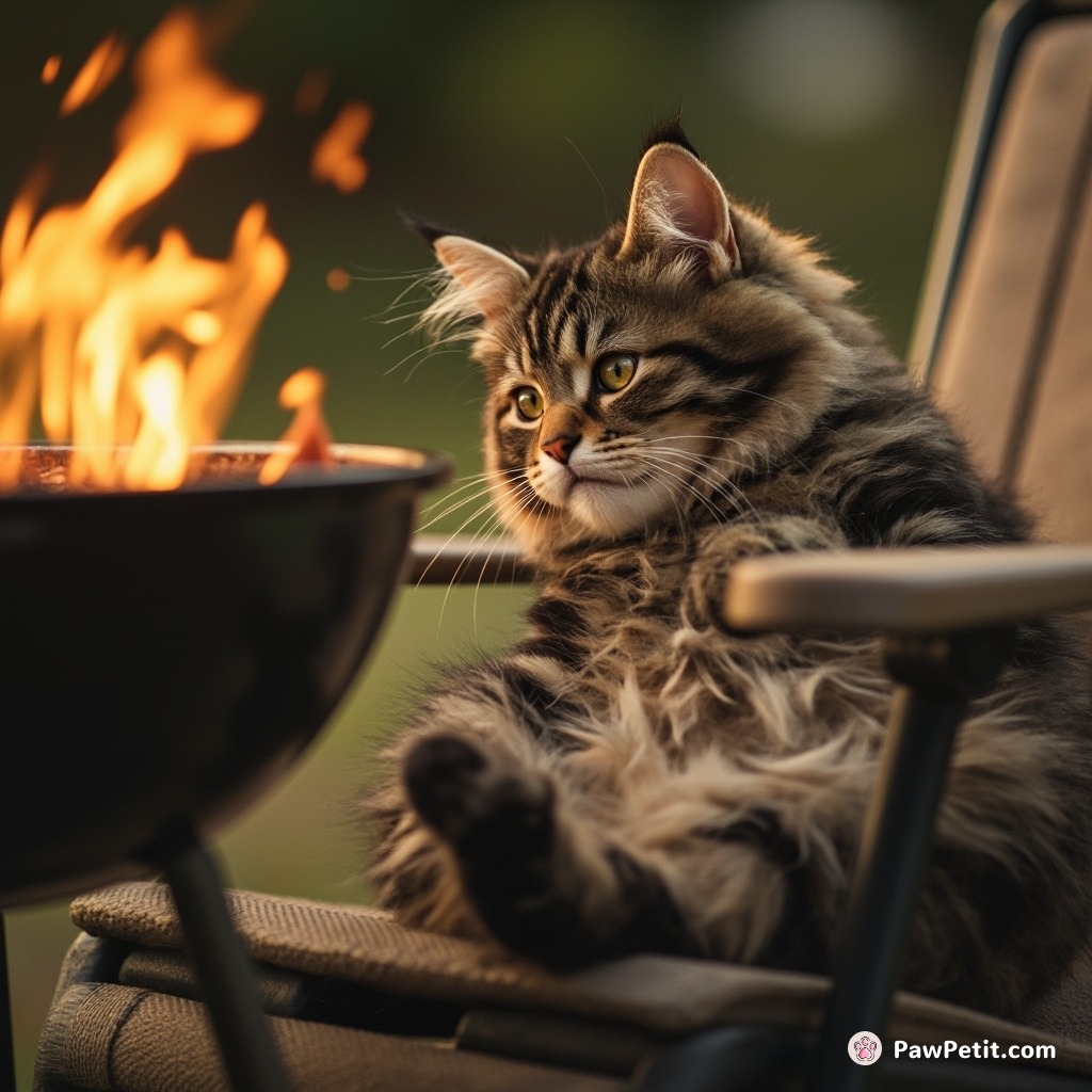 Feline chaos ensues as Whiskers reclines on a lawn chair, poking at a BBQ grill with rising temper.
