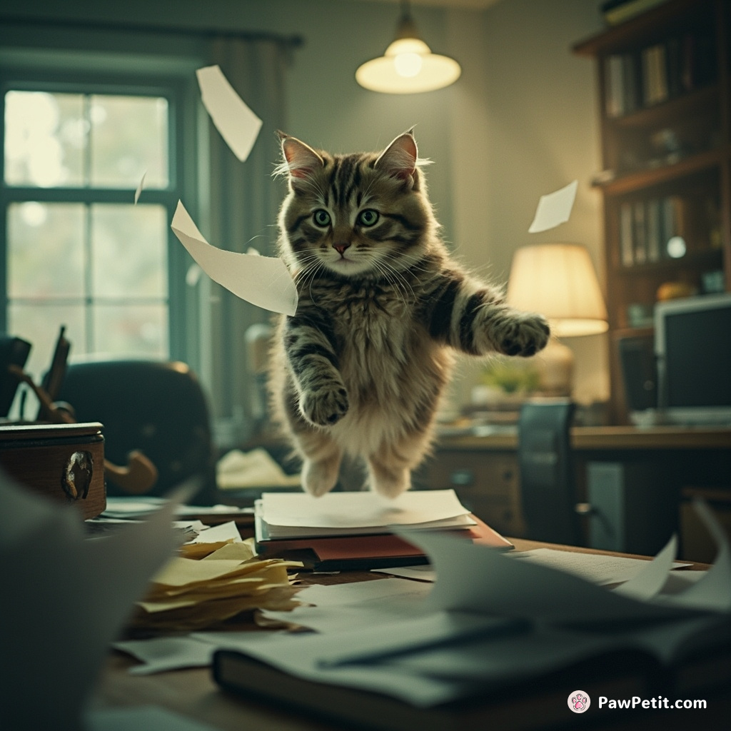 Leaping onto a cluttered desk, the cat frantically batted papers, momentarily becoming a scribbling specter in an office meeting.