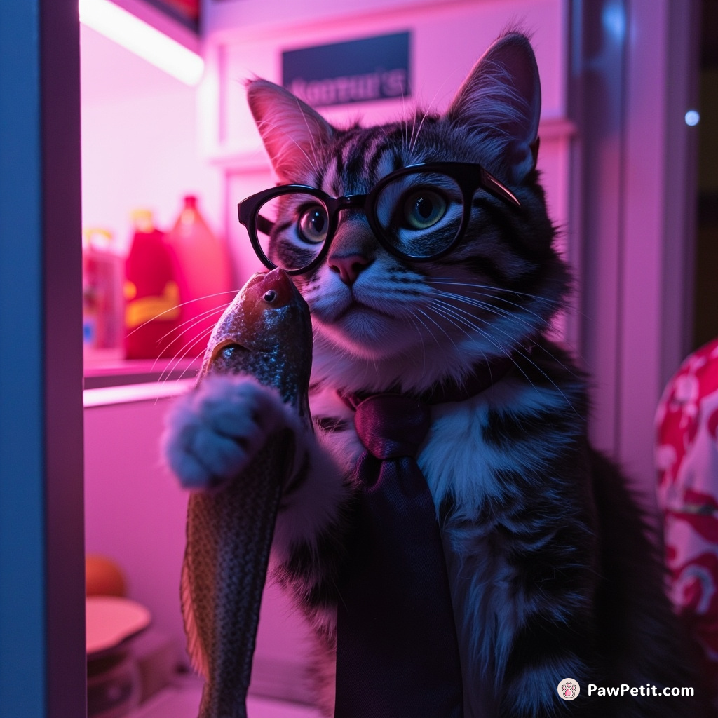 Cat dons glasses and tie, struts to fridge, swipes fish with paw while whistling innocently.