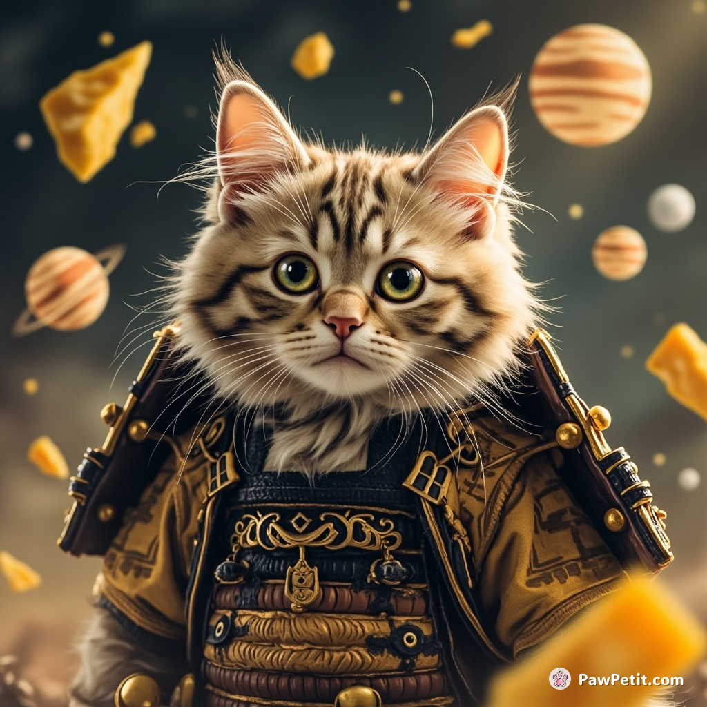 A samurai cat slicing a gigantic sushi roll in space, with comets and cheese planets around.
