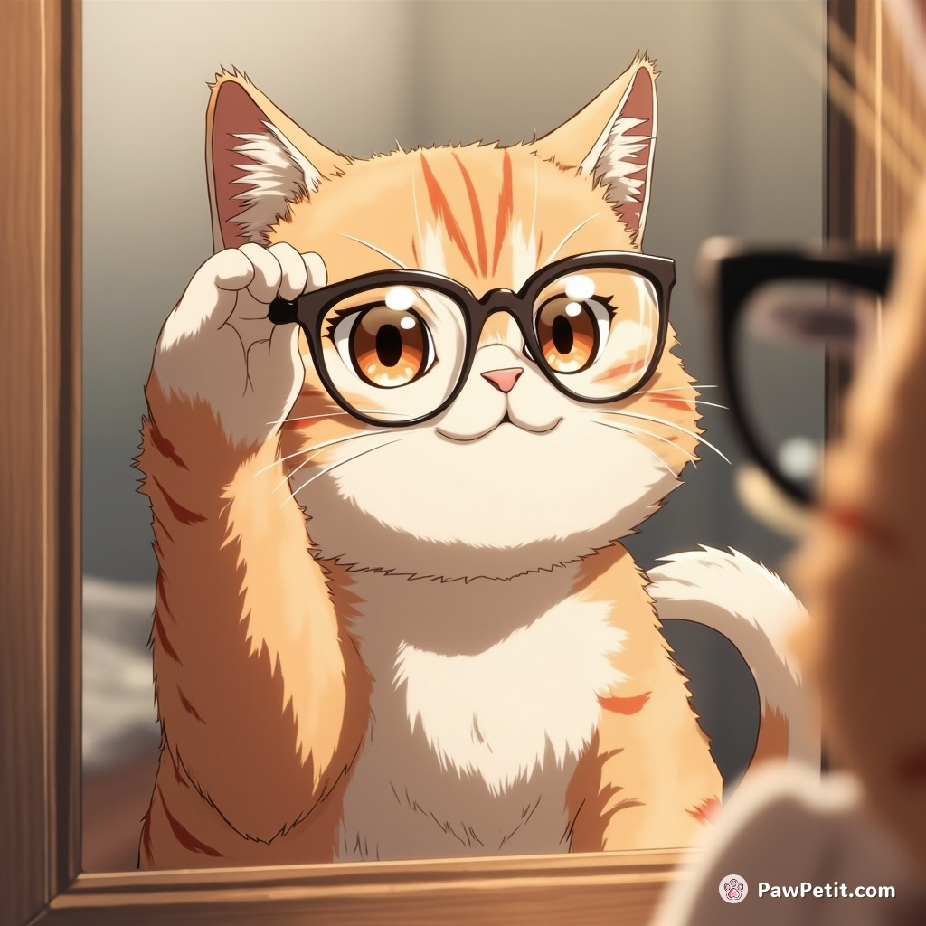Fussily adjusting faux glasses with delicate paw tip, the cat practiced an overly theatrical nod in a nearby mirror.